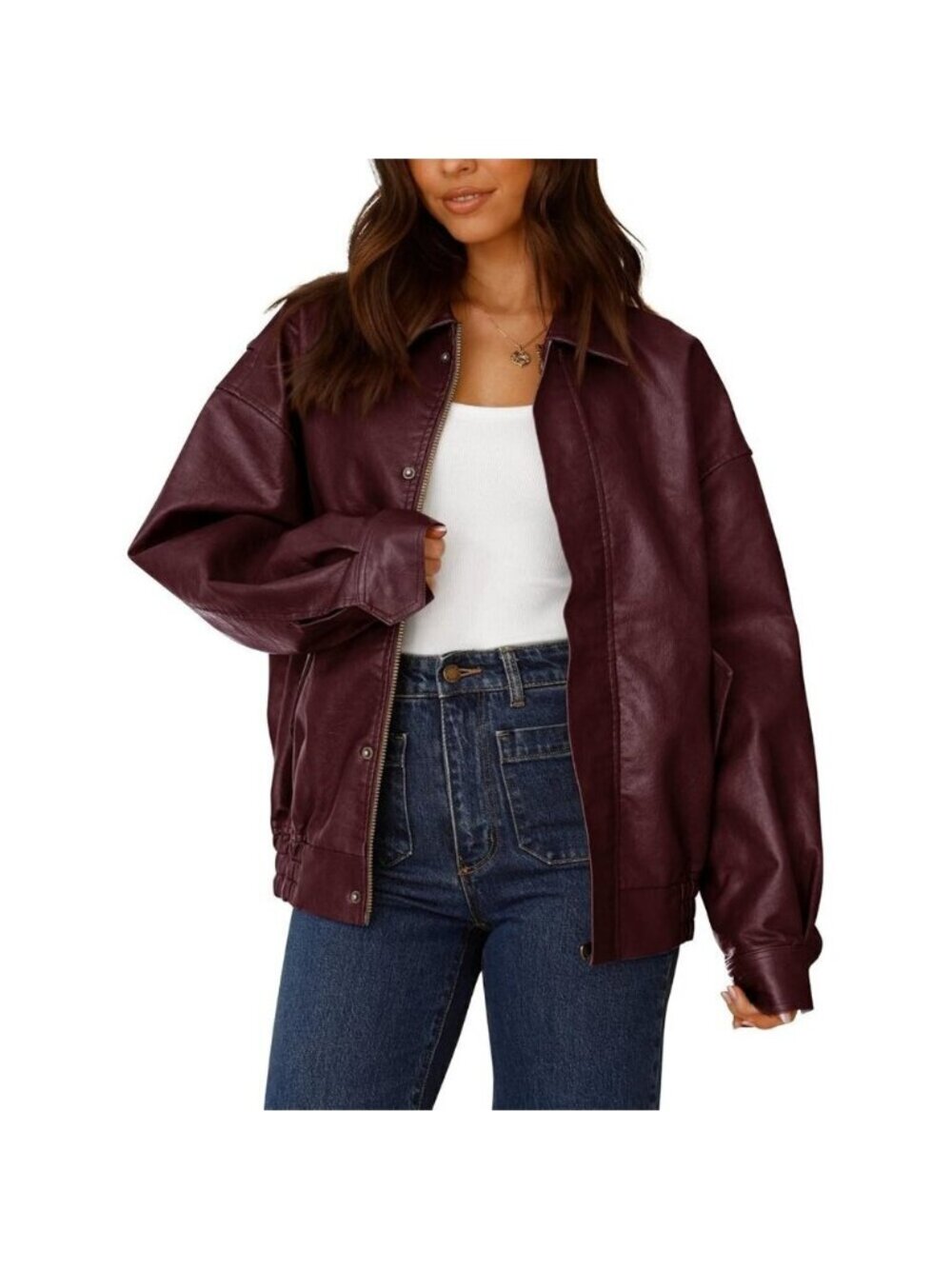 Women Red Faux Leather Motorcycle Jacket Trendy Fall Spring Clothes Outerwear